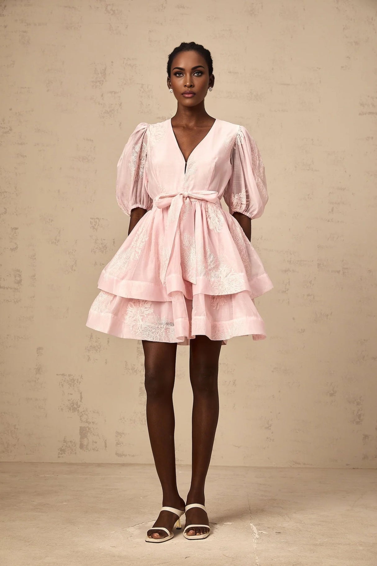 Giada Mini Dress Pink Embroidered Layered & Ruched