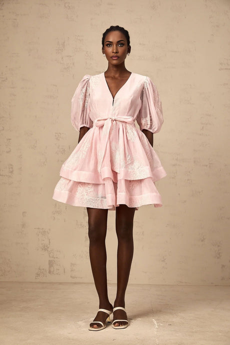 Giada Mini Dress Pink Embroidered Layered & Ruched