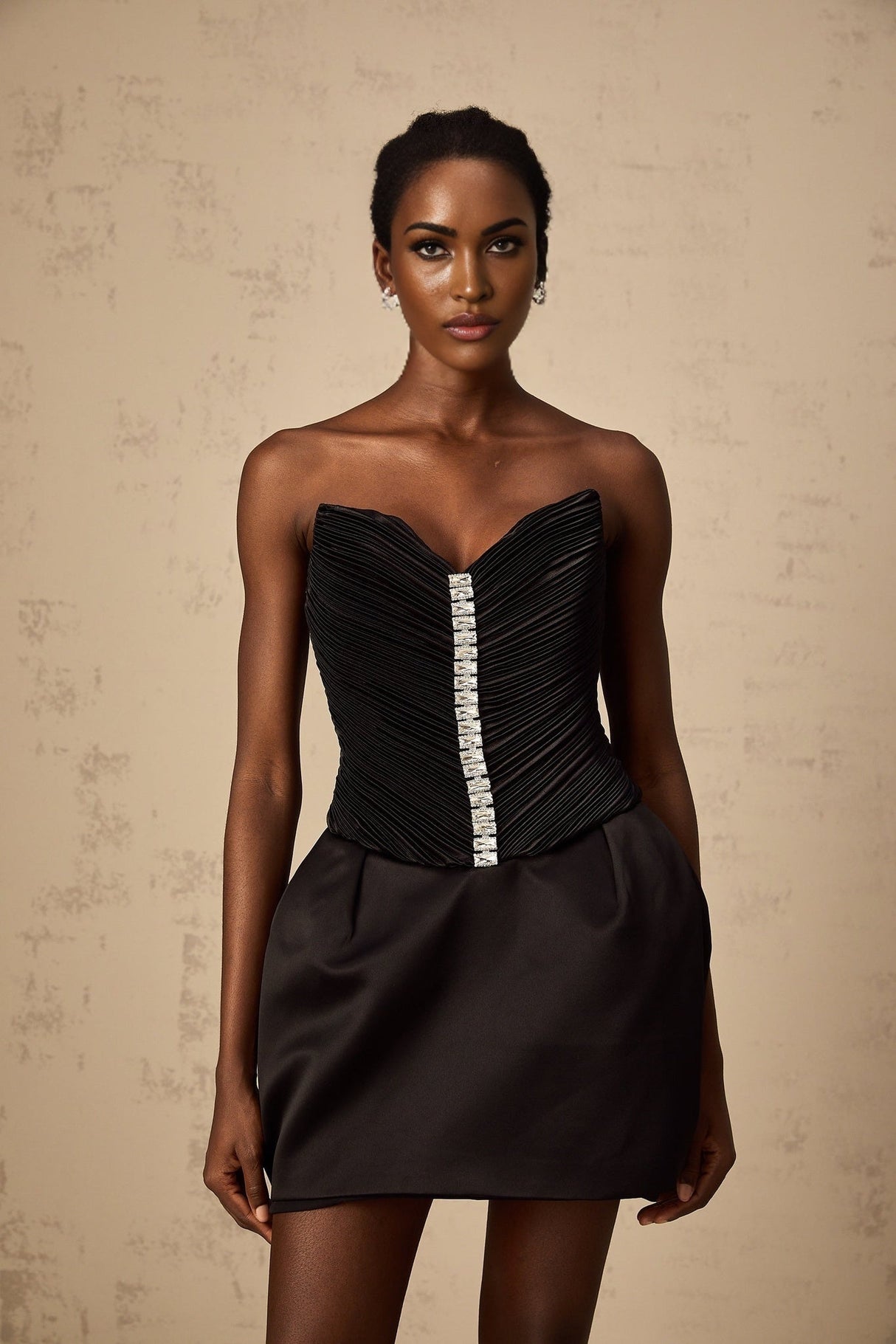 Giana Mini Dress - Off the Shoulder V - Neck Crystal Embellished Ruched Bodycon