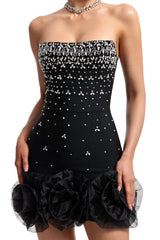 Gianna Black Strapless Rhinestone Mini Dress with Ruffled Hem