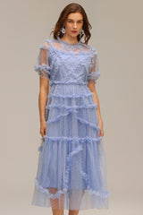 Gianna Blue Polka Dot Maxi Dress with Ruffled Tiers and Short Sleeves