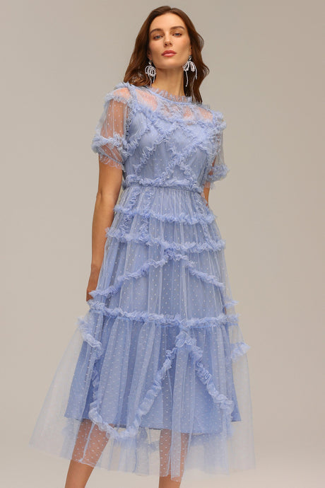 Gianna Blue Polka Dot Maxi Dress with Ruffled Tiers and Short Sleeves for Special Occasions