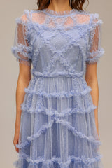 Gianna Blue Polka Dot Maxi Dress with Ruffled Tiers Short Sleeves and Unique Neckline for Weddings and Garden Parties