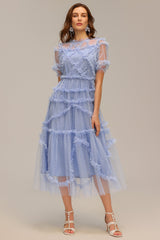Gianna Blue Polka Dot Maxi Dress with Ruffled Tiers and Short Sleeves for Special Occasions