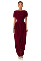 Gianna Burgundy Shawl Design Draped Maxi Dress