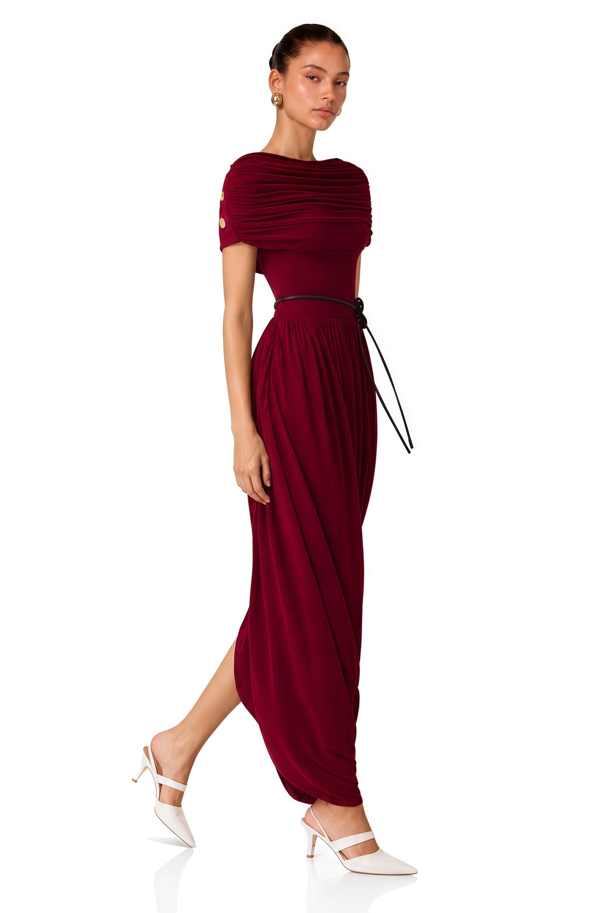 Gianna Burgundy Shawl Design Draped Maxi Dress