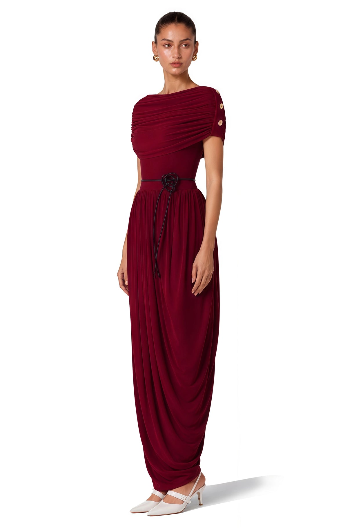Gianna Burgundy Shawl Design Draped Maxi Dress