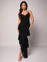 Gianna Maxi Dress - Refined Style - Slim Fit - Sleeveless Design - High Waist - Asymmetrical, Backless, Ruffle - Knitted Fabric - Modern Look