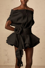 Gianna Mini Dress Black Floral Appliqu Flounce Hem & Cinched Waist