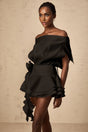 Gianna Mini Dress Black Floral Appliqu Flounce Hem & Cinched Waist