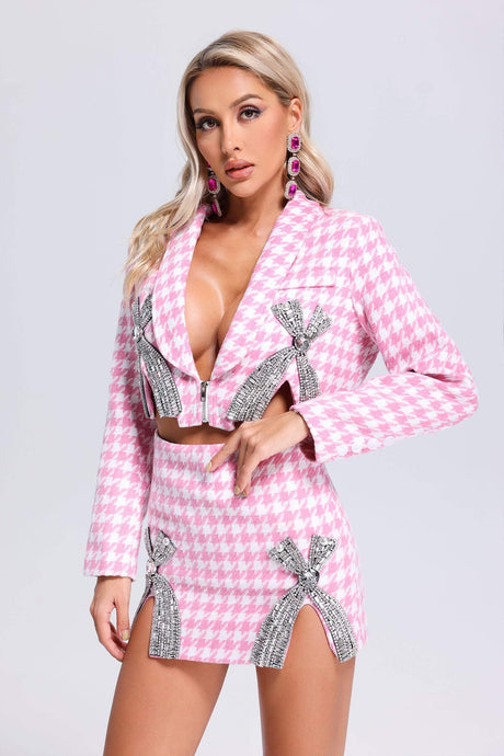 Gianna Pink Houndstooth Diamond Detail Cropped Dress