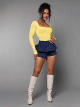 Giannina Bodysuit - Slim Fit - Long Sleeve Length - Medium Stretch Elasticity - Casual Style - Knitted Fabric - Square Neck Neckline