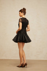 Giannina Mini Dress Black Sequin Embellished Cut - Out & Cinched Waist