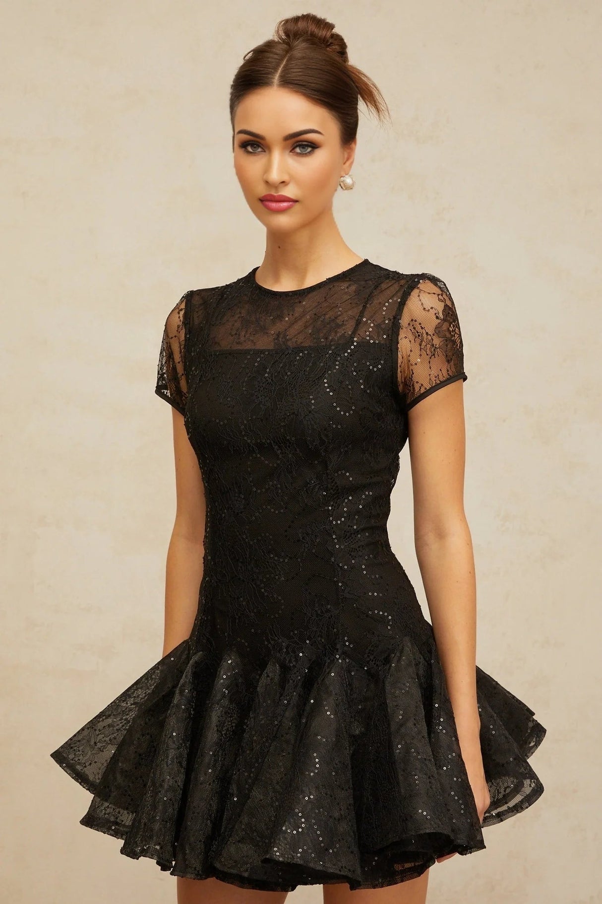Giannina Mini Dress Black Sequin Embellished Cut - Out & Cinched Waist