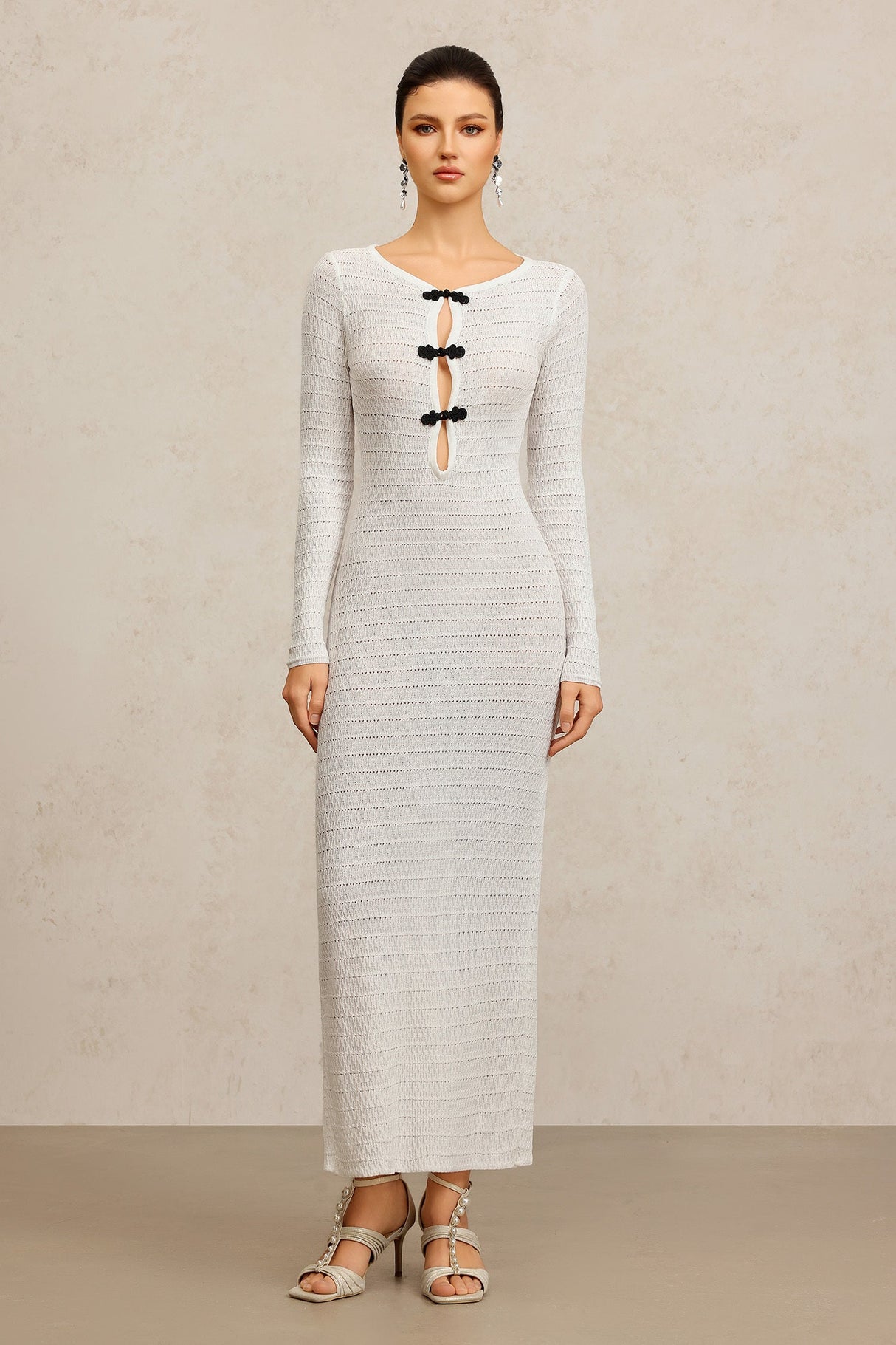 Giannina White Hollow Out Maxi Dress with Long Sleeves and Unique Neckline Detailing for Women