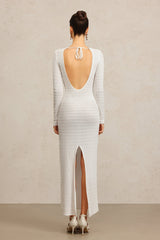 Giannina White Hollow Out Maxi Dress with Long Sleeves and Unique Neckline Detailing for Versatile Chic Appeal and Comfortable Fit Feel