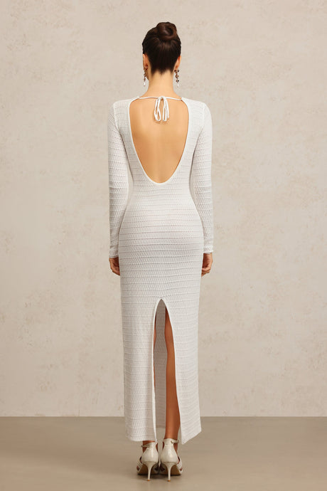 Giannina White Hollow Out Maxi Dress with Long Sleeves and Unique Neckline Detailing for Versatile Chic Appeal and Comfortable Fit Feel
