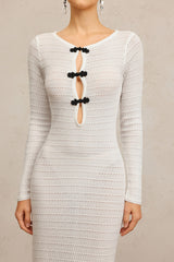 Giannina White Maxi Dress Hollow Out Design Long Sleeves Neckline Detail Comfortable Fit Modern Charm Casual Formal Wear