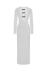 Giannina White Maxi Dress Hollow Out Design Long Sleeves Neckline Detail Comfortable Fit Modern Charm Casual Formal Wear