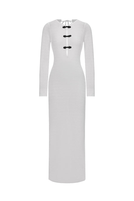 Giannina White Maxi Dress Hollow Out Design Long Sleeves Neckline Detail Comfortable Fit Modern Charm Casual Formal Wear