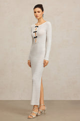 Giannina White Maxi Dress with Hollow Out Design Long Sleeves and Intricate Neckline Detail