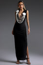 Gilda Black Maxi Dress Floral Embellishments Pearls Sleeveless Elegant Sophisticated Evening Formal