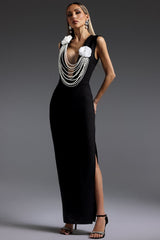 Gilda Black Maxi Dress Floral Embellishments Pearls Sleeveless Elegant Sophisticated Evening Formal Wear