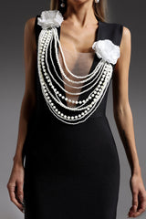Gilda Black Maxi Dress with Floral Embellishments and Pearls
