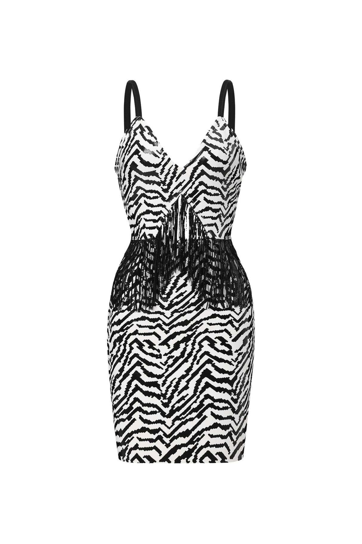 Gilda Black Zebra Print Eco-Leather Cut-Out Mini Dress with Tassel Detailing
