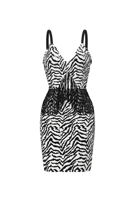 Gilda Black Zebra Print Eco-Leather Cut-Out Mini Dress with Tassel Detailing