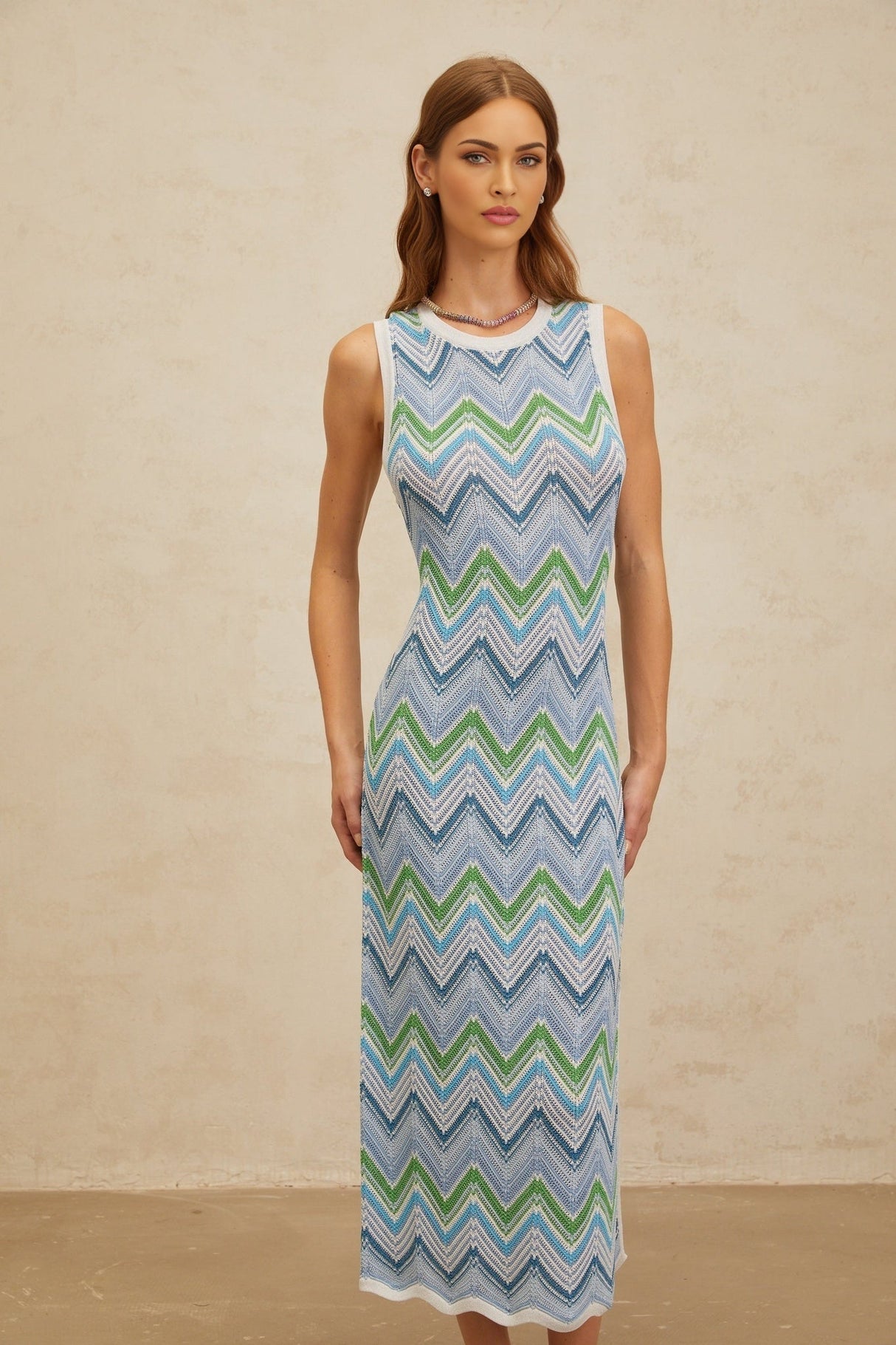 Gilda Midi Dress - Sleeveless - Fitted Silhouette - Chevron Knit - Side Slit - Slip - On Style