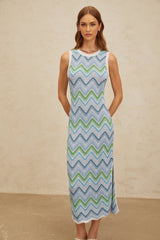 Gilda Midi Dress - Sleeveless - Fitted Silhouette - Chevron Knit - Side Slit - Slip - On Style
