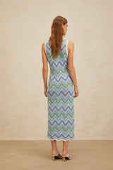 Gilda Midi Dress - Sleeveless - Fitted Silhouette - Chevron Knit - Side Slit - Slip - On Style