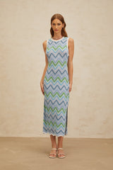 Gilda Midi Dress - Sleeveless - Fitted Silhouette - Chevron Knit - Side Slit - Slip - On Style