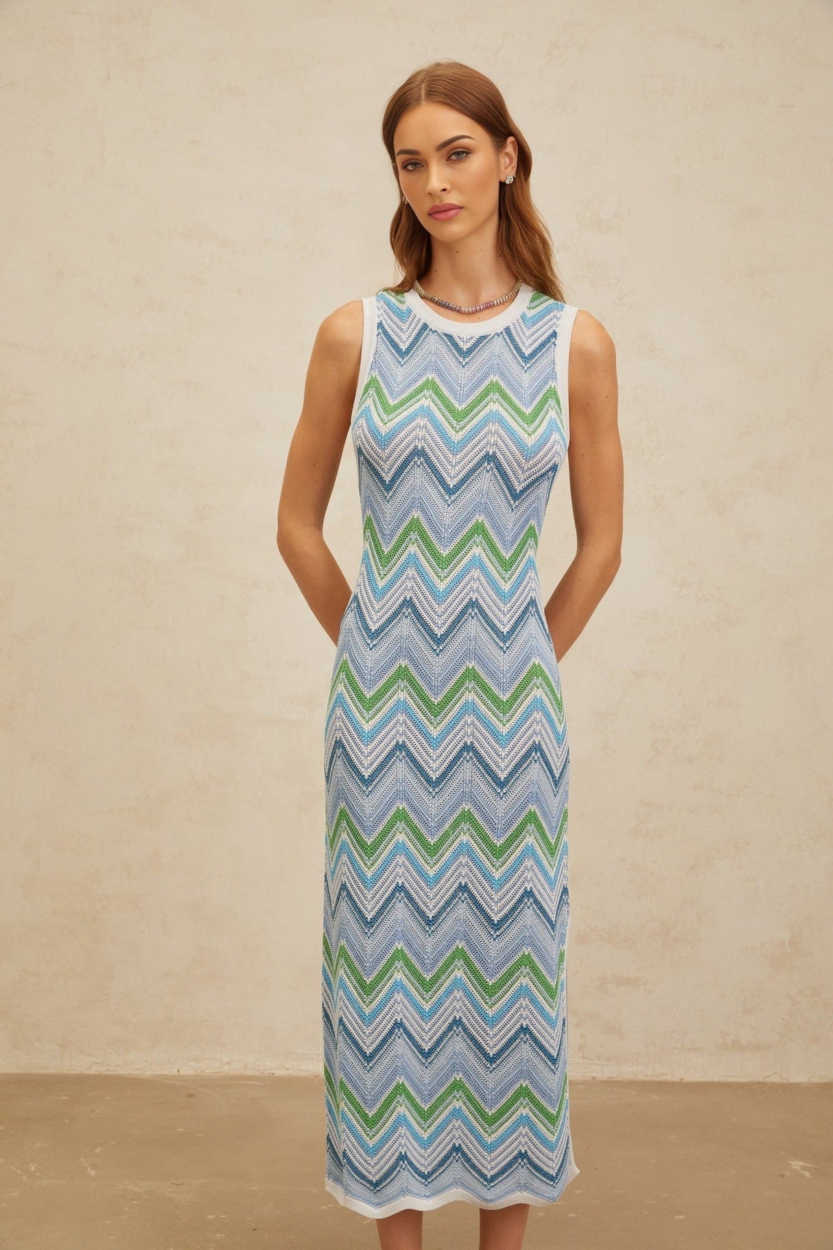 Gilda Midi Dress - Sleeveless - Fitted Silhouette - Chevron Knit - Side Slit - Slip - On Style