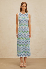 Gilda Midi Dress - Sleeveless - Fitted Silhouette - Chevron Knit - Side Slit - Slip - On Style