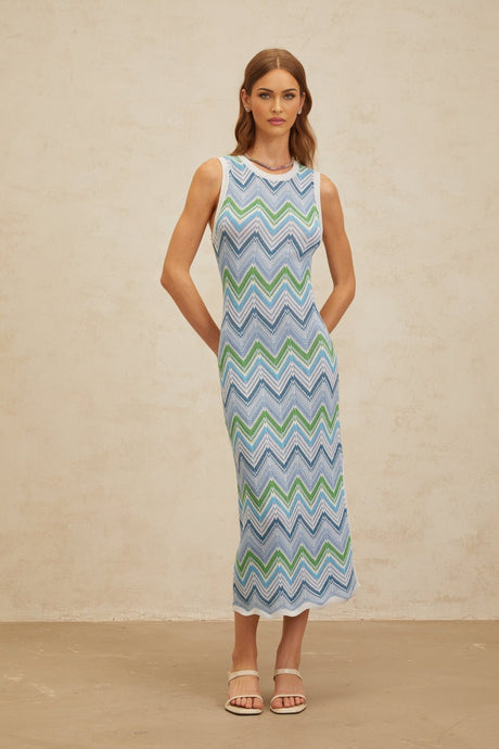 Gilda Midi Dress - Sleeveless - Fitted Silhouette - Chevron Knit - Side Slit - Slip - On Style