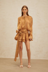 Gilda Mini Dress - Long Buttoned - Cuff Sleeves - Twist & Draped Design - Ruffled Hem - Glitter Detailing