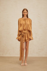 Gilda Mini Dress - Long Buttoned - Cuff Sleeves - Twist & Draped Design - Ruffled Hem - Glitter Detailing