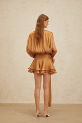 Gilda Mini Dress - Long Buttoned - Cuff Sleeves - Twist & Draped Design - Ruffled Hem - Glitter Detailing