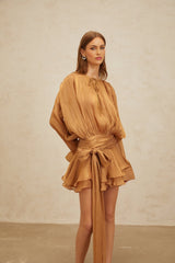 Gilda Mini Dress - Long Buttoned - Cuff Sleeves - Twist & Draped Design - Ruffled Hem - Glitter Detailing