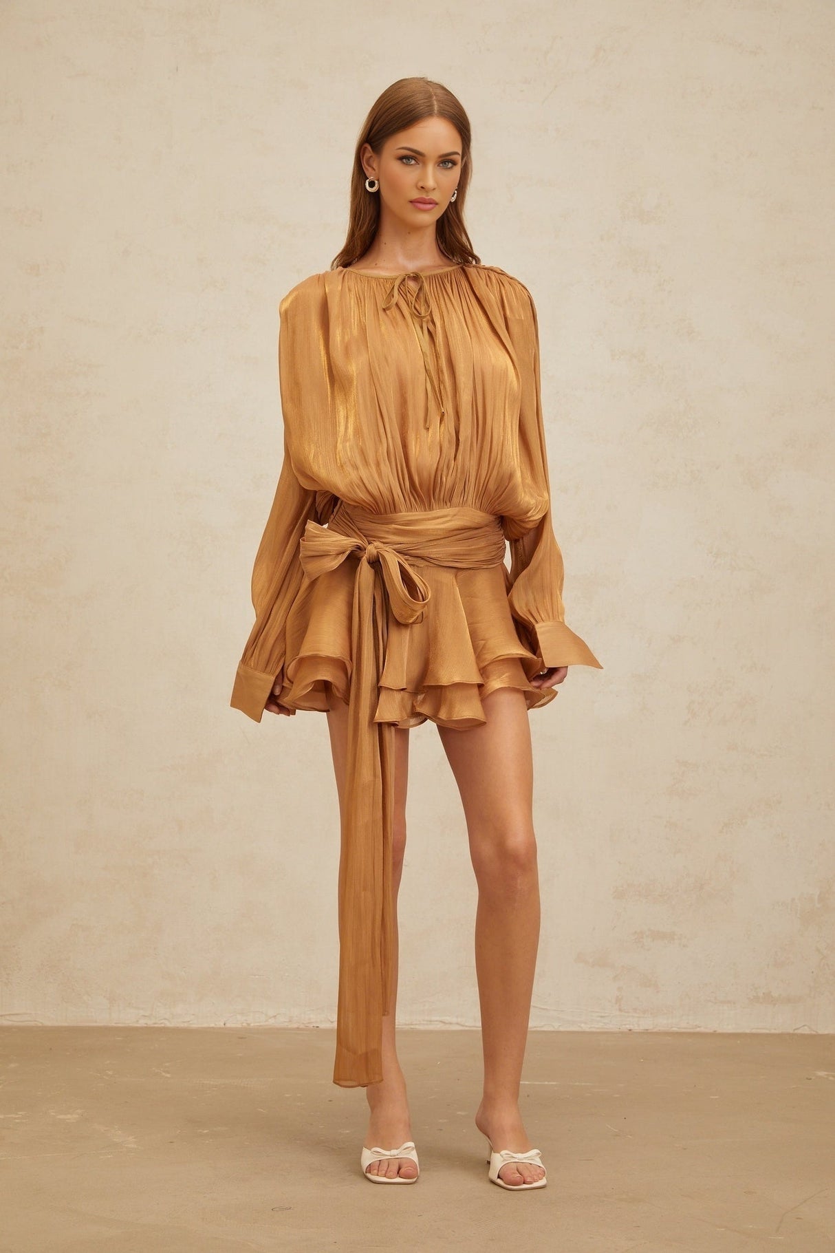 Gilda Mini Dress - Long Buttoned - Cuff Sleeves - Twist & Draped Design - Ruffled Hem - Glitter Detailing