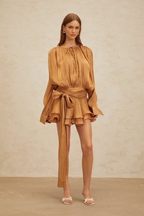 Gilda Mini Dress - Long Buttoned - Cuff Sleeves - Twist & Draped Design - Ruffled Hem - Glitter Detailing