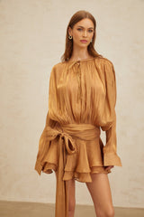 Gilda Mini Dress - Long Buttoned - Cuff Sleeves - Twist & Draped Design - Ruffled Hem - Glitter Detailing