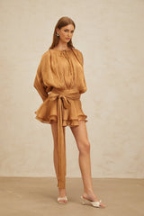 Gilda Mini Dress - Long Buttoned - Cuff Sleeves - Twist & Draped Design - Ruffled Hem - Glitter Detailing