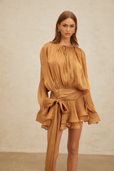 Gilda Mini Dress - Long Buttoned - Cuff Sleeves - Twist & Draped Design - Ruffled Hem - Glitter Detailing