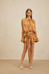 Gilda Mini Dress - Long Buttoned - Cuff Sleeves - Twist & Draped Design - Ruffled Hem - Glitter Detailing
