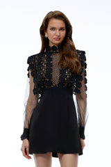 Ginetta Black Corded Lace Panel Mini Dress