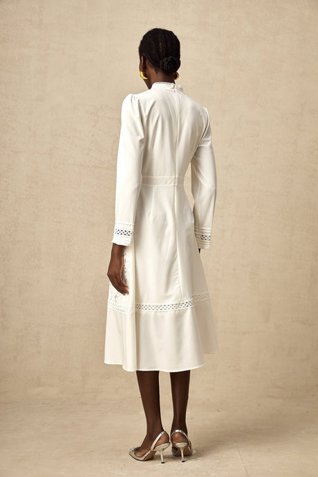 Ginetta Midi Dress - Mock Neck - Long Sleeves - Panelled Design - Cut - Out Detailing - Floral Embroidery