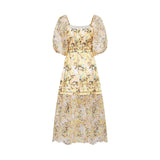Ginetta Midi Dress - Off the Shoulder - Floral Print - Cut - Out Design - Layered Flounce Hem - A - Line Skirt